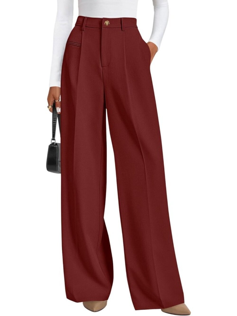 Women's Rust Red Business Casual Flowy Work High Waisted Wide Leg Dress Pants